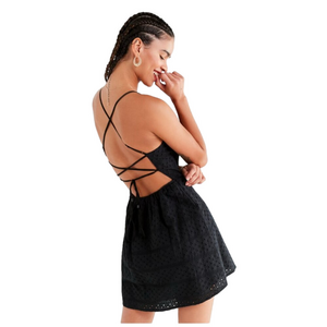 Urban Outfitters Black Twin Leaf Eyelet Mini Dress with Strappy Open Back Size S